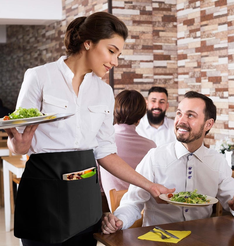 BOHARERS 3 Pockets Waitress Apron 12 Pack Cotton Server Apron Black Half Aprons for Men & Women Waterproof and Oil Proof - Image 4